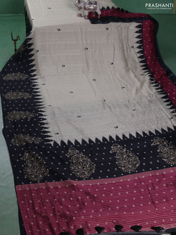 Matka tussar saree beige and black dark pink with allover thread buttas & butta prints and long temple design printed border