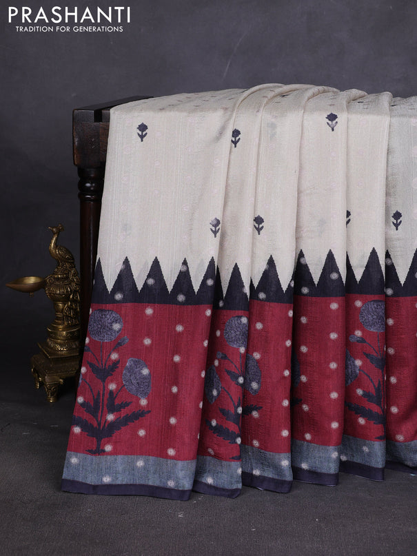 Matka tussar saree beige and maroon with allover thread buttas & butta prints and long temple design printed border