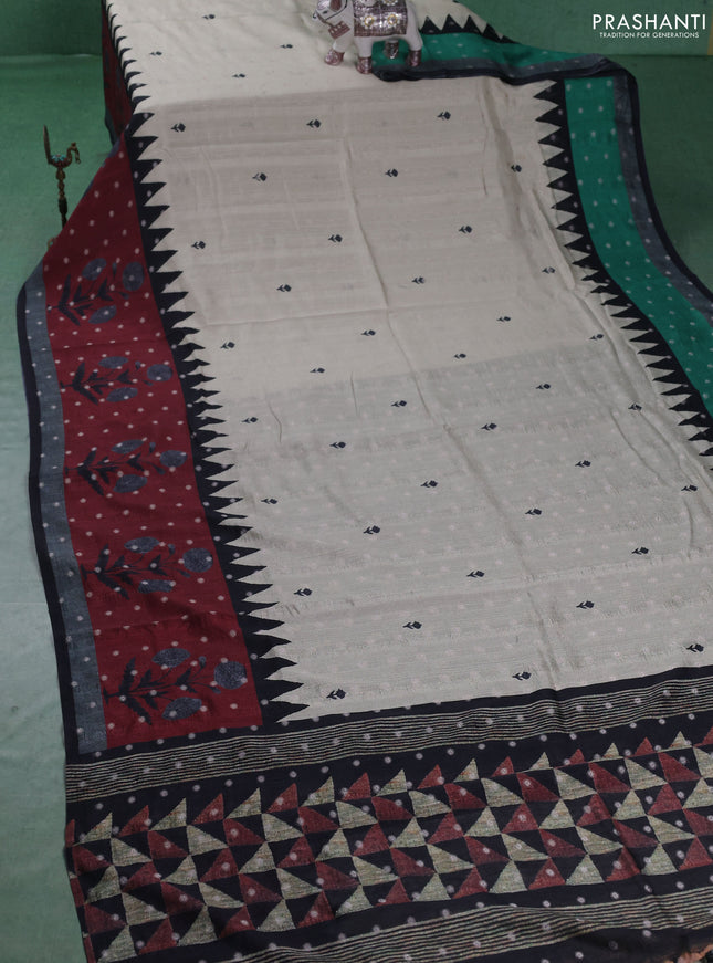 Matka tussar saree beige and maroon with allover thread buttas & butta prints and long temple design printed border