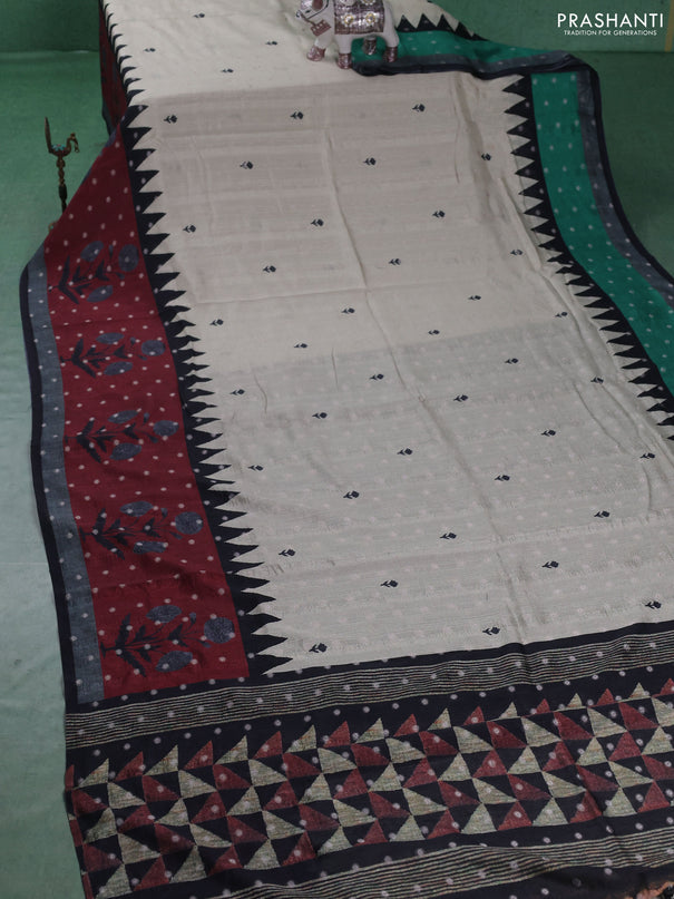 Matka tussar saree beige and maroon with allover thread buttas & butta prints and long temple design printed border