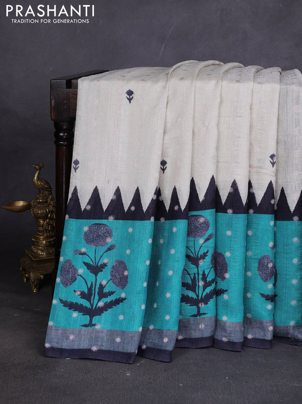 Matka tussar saree beige and teal green with allover thread buttas & butta prints and long temple design printed border