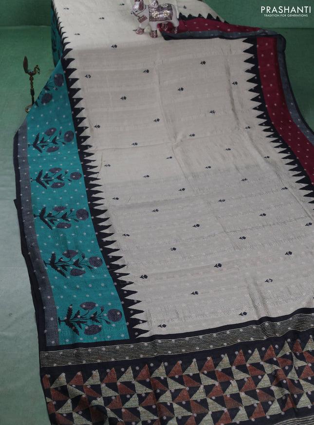 Matka tussar saree beige and teal green with allover thread buttas & butta prints and long temple design printed border