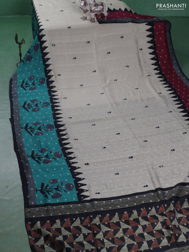 Matka tussar saree beige and teal green with allover thread buttas & butta prints and long temple design printed border