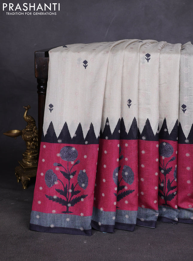 Matka tussar saree beige and dark pink with allover thread buttas & butta prints and long temple design printed border