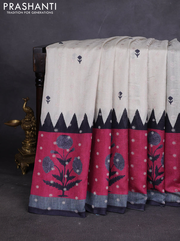 Matka tussar saree beige and dark pink with allover thread buttas & butta prints and long temple design printed border