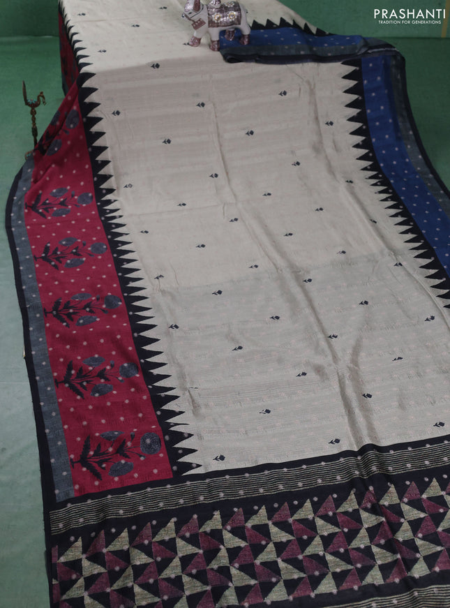 Matka tussar saree beige and dark pink with allover thread buttas & butta prints and long temple design printed border