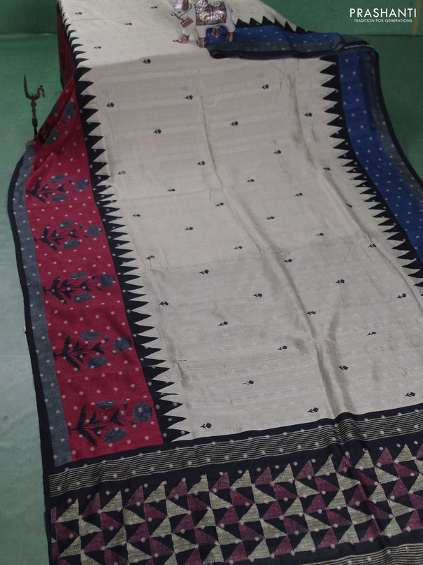 Matka tussar saree beige and dark pink with allover thread buttas & butta prints and long temple design printed border