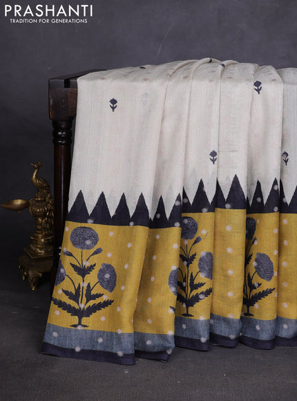 Matka tussar saree beige and mustard yellow with allover thread buttas & butta prints and long temple design printed border
