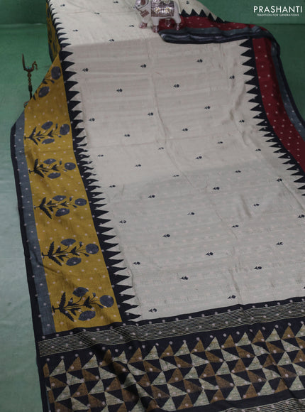 Matka tussar saree beige and mustard yellow with allover thread buttas & butta prints and long temple design printed border