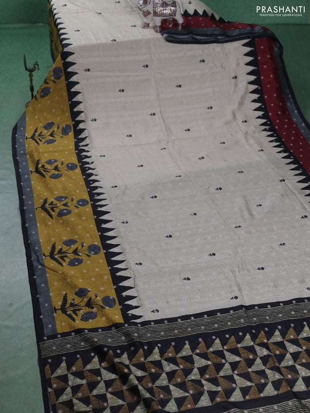 Matka tussar saree beige and mustard yellow with allover thread buttas & butta prints and long temple design printed border