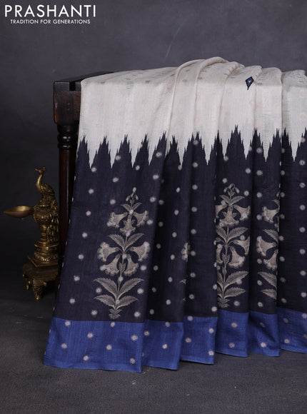 Matka tussar saree beige and black blue with allover thread buttas & butta prints and long temple design printed border