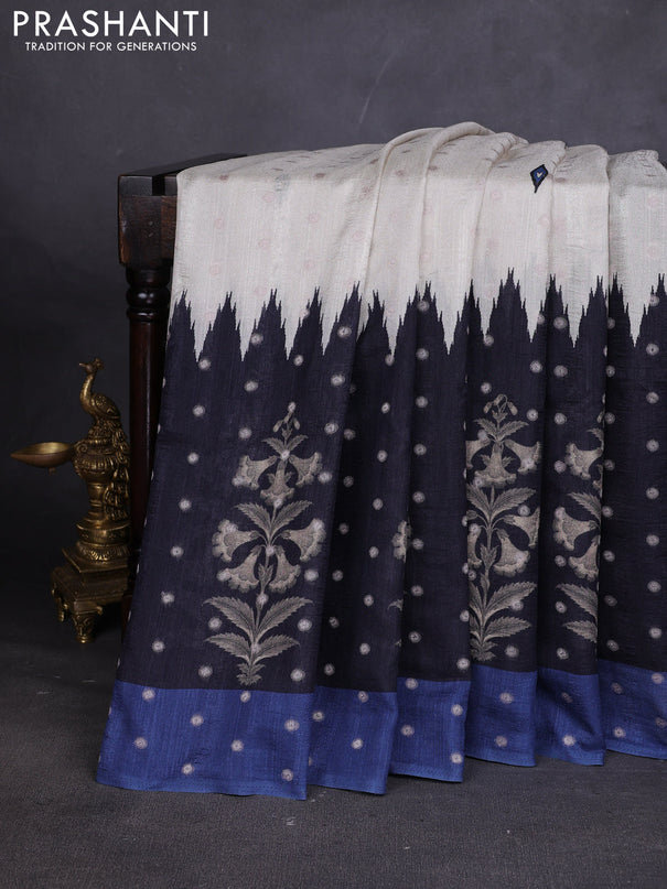Matka tussar saree beige and black blue with allover thread buttas & butta prints and long temple design printed border