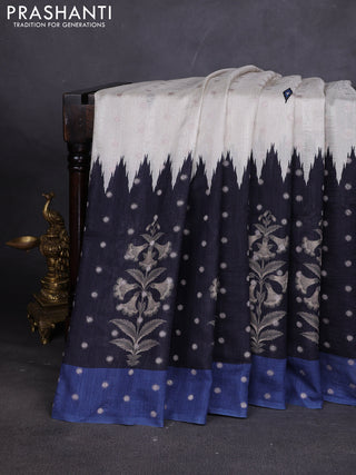Matka tussar saree beige and black blue with allover thread buttas & butta prints and long temple design printed border