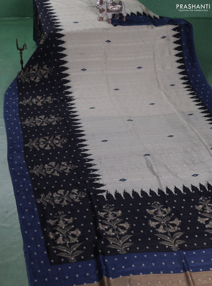 Matka tussar saree beige and black blue with allover thread buttas & butta prints and long temple design printed border