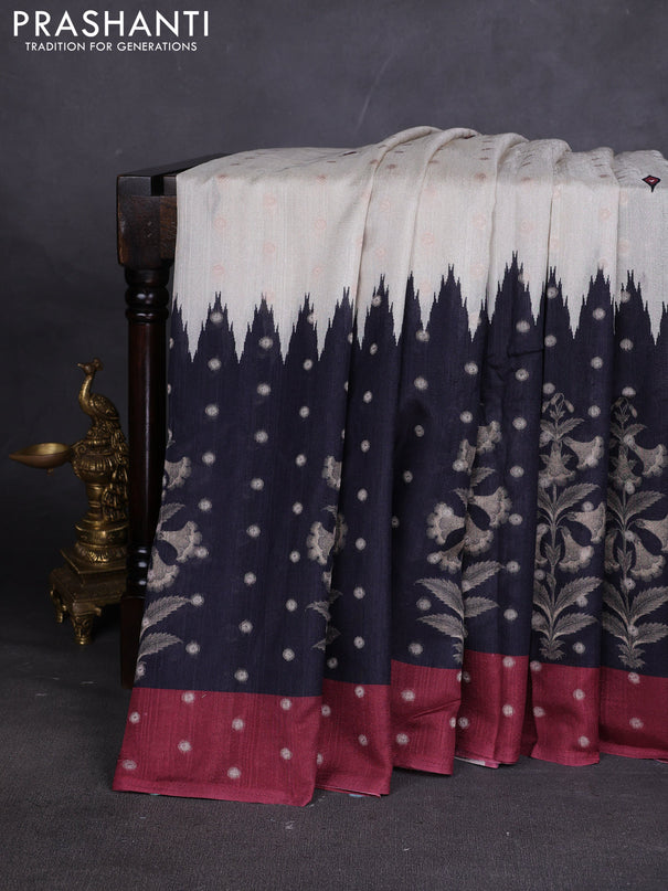 Matka tussar saree beige and black maroon with allover thread buttas & butta prints and long temple design printed border