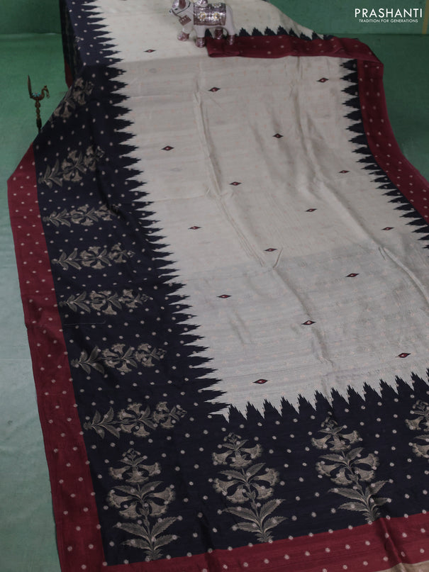 Matka tussar saree beige and black maroon with allover thread buttas & butta prints and long temple design printed border