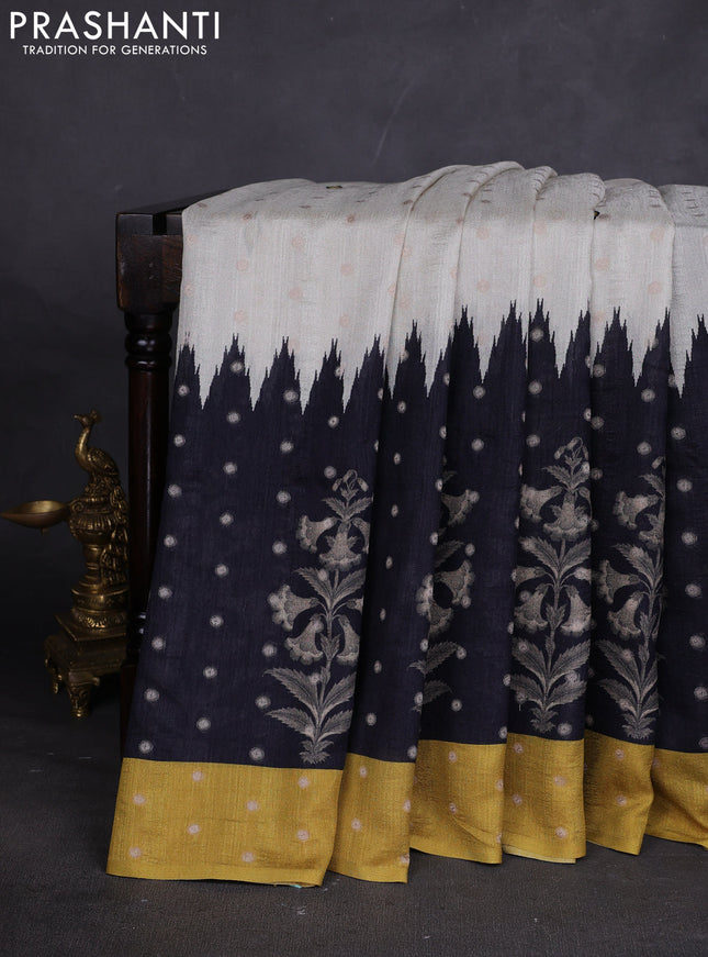 Matka tussar saree beige and black mustard yellow with allover thread buttas & butta prints and long temple design printed border