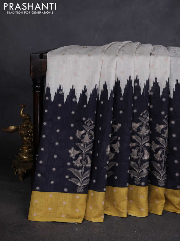 Matka tussar saree beige and black mustard yellow with allover thread buttas & butta prints and long temple design printed border