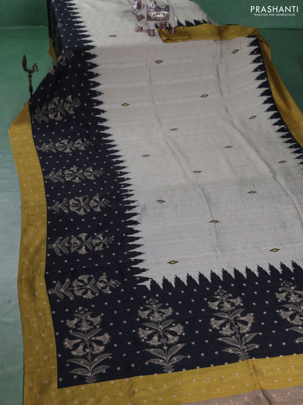 Matka tussar saree beige and black mustard yellow with allover thread buttas & butta prints and long temple design printed border