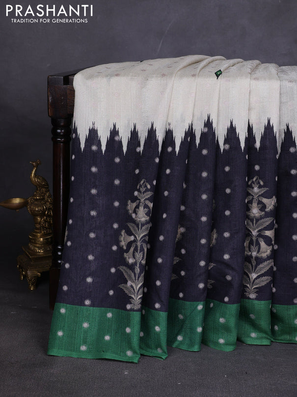 Matka tussar saree beige and black green with allover thread buttas & butta prints and long temple design printed border