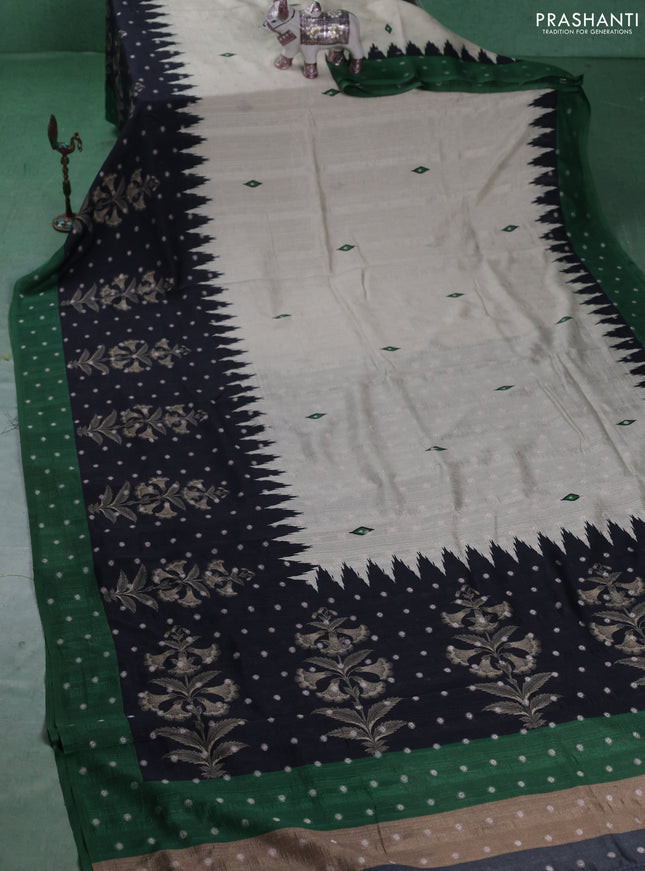 Matka tussar saree beige and black green with allover thread buttas & butta prints and long temple design printed border