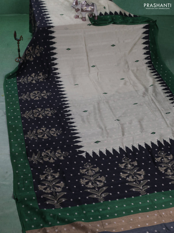 Matka tussar saree beige and black green with allover thread buttas & butta prints and long temple design printed border
