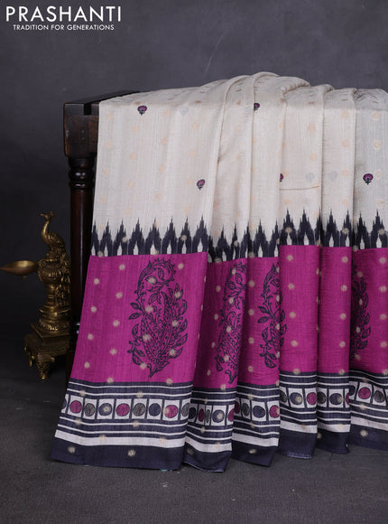 Matka tussar saree beige and purple with allover thread buttas & butta prints and long temple design printed border