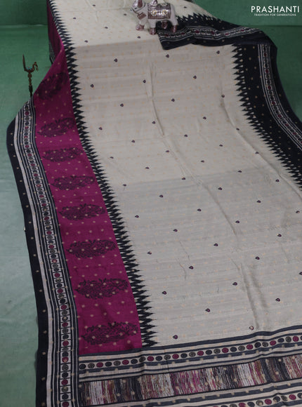 Matka tussar saree beige and purple with allover thread buttas & butta prints and long temple design printed border