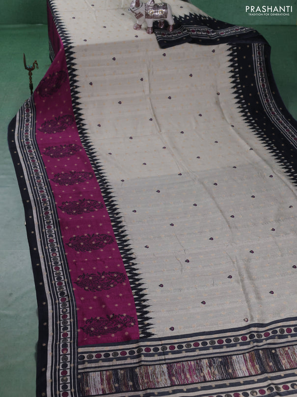 Matka tussar saree beige and purple with allover thread buttas & butta prints and long temple design printed border