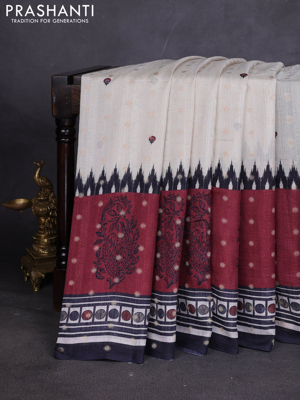 Matka tussar saree beige and maroon with allover thread buttas & butta prints and long temple design printed border