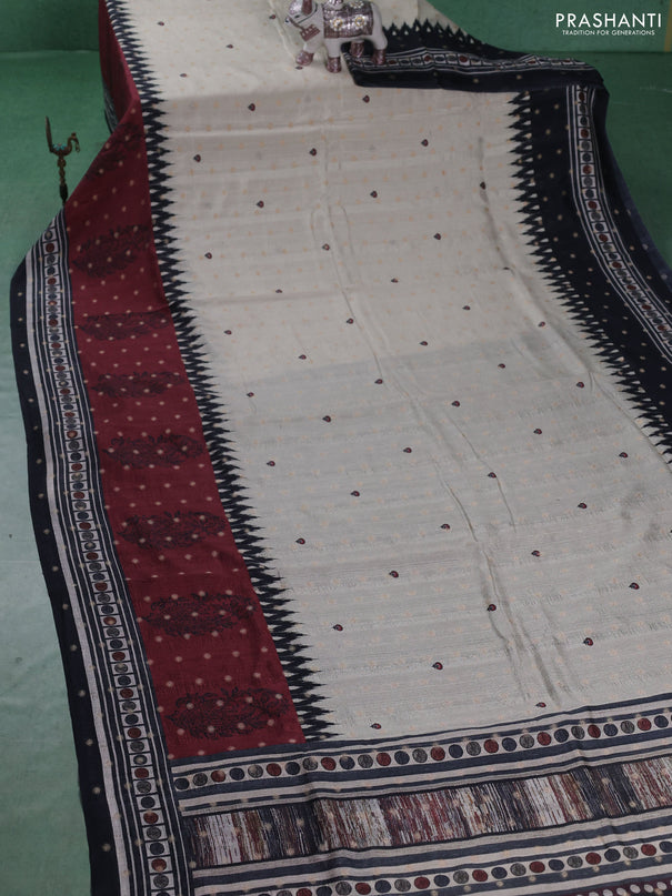 Matka tussar saree beige and maroon with allover thread buttas & butta prints and long temple design printed border