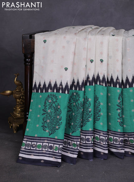 Matka tussar saree beige and teal green with allover thread buttas & butta prints and long temple design printed border