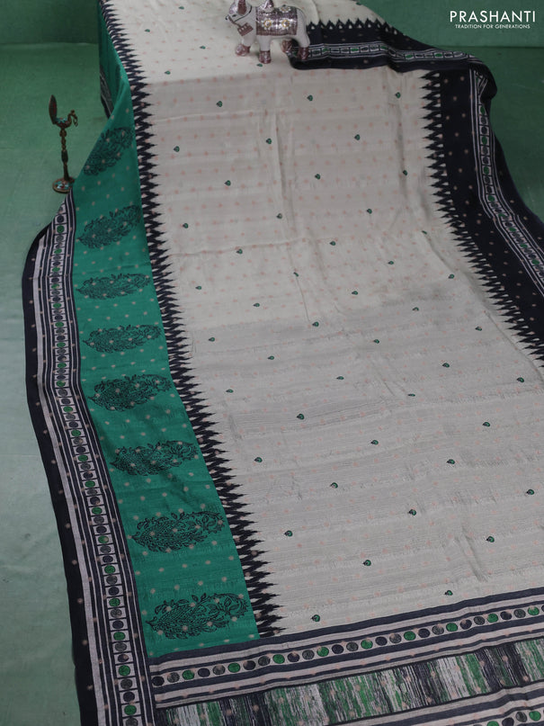 Matka tussar saree beige and teal green with allover thread buttas & butta prints and long temple design printed border