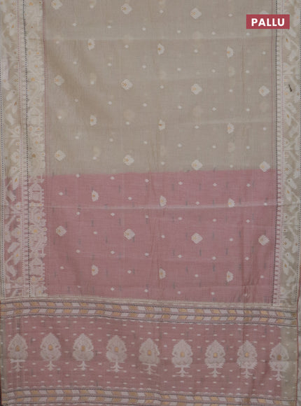 Chanderi silk cotton saree cream and mauve pink with thread & zari woven buttas and jamdhani kantha stitch work border