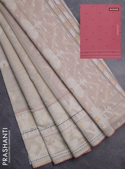 Chanderi silk cotton saree cream and mauve pink with thread & zari woven buttas and jamdhani kantha stitch work border