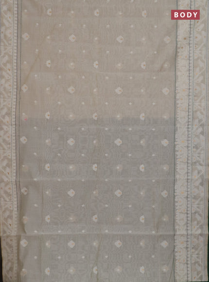Chanderi silk cotton saree cream and green with thread & zari woven buttas and jamdhani kantha stitch work border