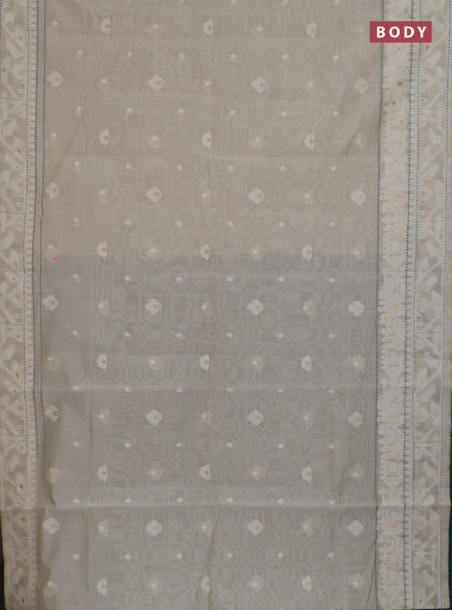 Chanderi silk cotton saree cream and green with thread & zari woven buttas and jamdhani kantha stitch work border