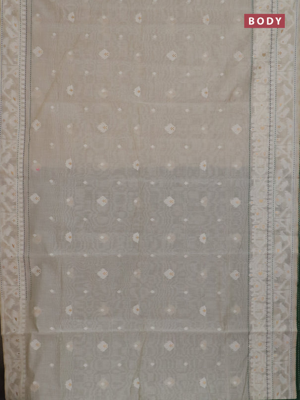 Chanderi silk cotton saree cream and green with thread & zari woven buttas and jamdhani kantha stitch work border