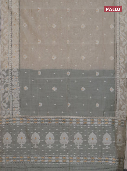 Chanderi silk cotton saree cream and green with thread & zari woven buttas and jamdhani kantha stitch work border