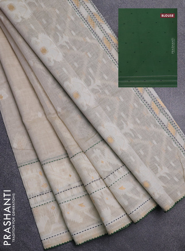 Chanderi silk cotton saree cream and green with thread & zari woven buttas and jamdhani kantha stitch work border