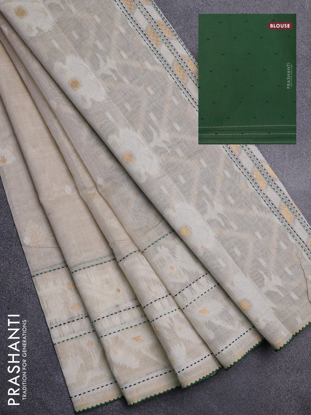Chanderi silk cotton saree cream and green with thread & zari woven buttas and jamdhani kantha stitch work border