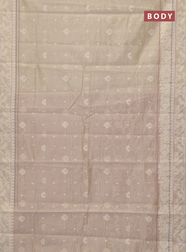 Chanderi silk cotton saree cream and rust shade with thread & zari woven buttas and jamdhani kantha stitch work border