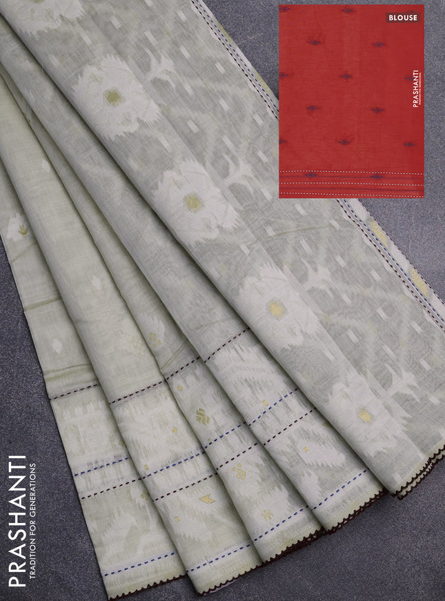Chanderi silk cotton saree cream and rust shade with thread & zari woven buttas and jamdhani kantha stitch work border