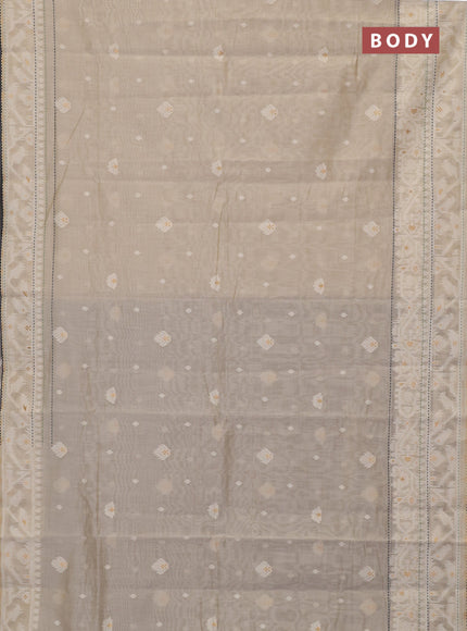 Chanderi silk cotton saree cream and navy blue with thread & zari woven buttas and jamdhani kantha stitch work border