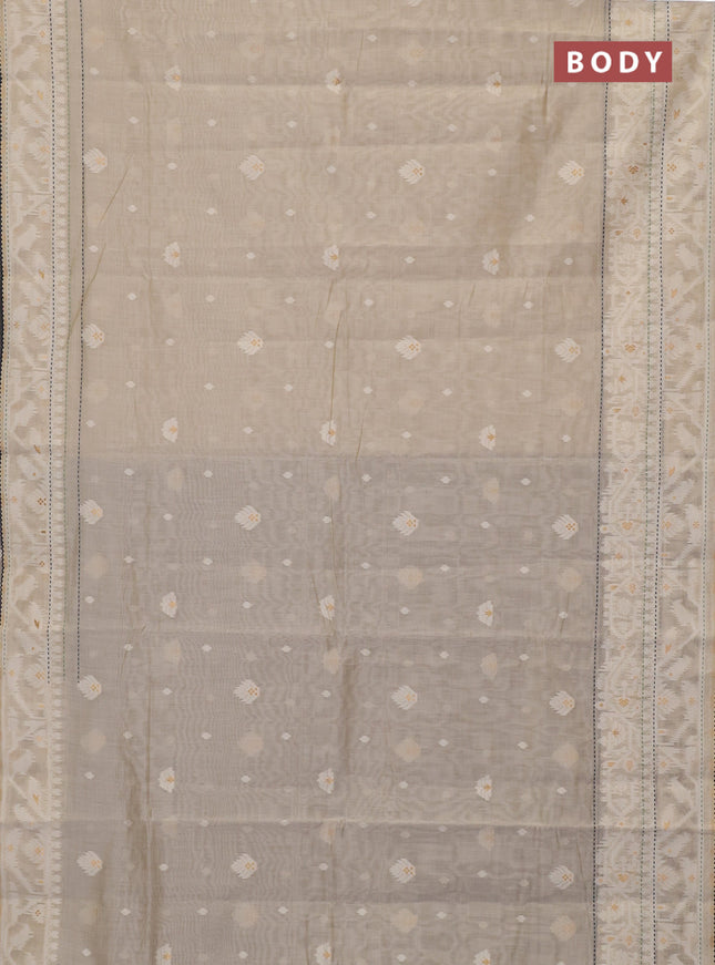 Chanderi silk cotton saree cream and navy blue with thread & zari woven buttas and jamdhani kantha stitch work border