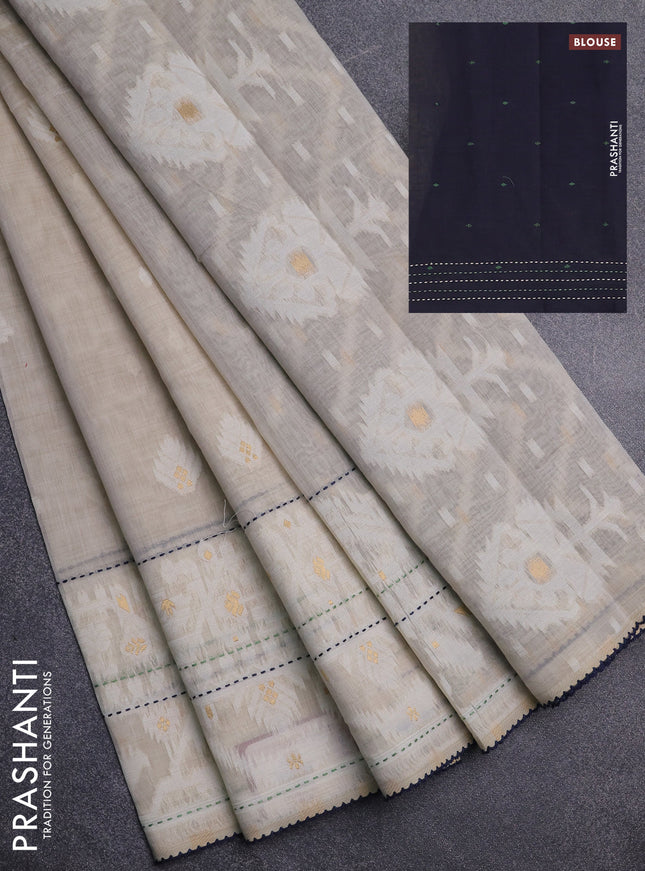 Chanderi silk cotton saree cream and navy blue with thread & zari woven buttas and jamdhani kantha stitch work border