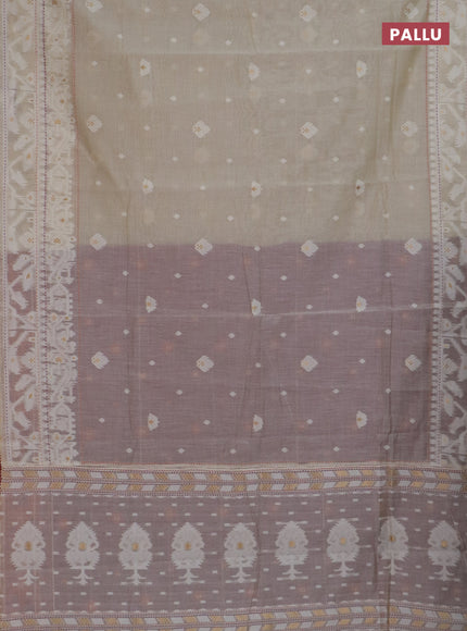 Chanderi silk cotton saree cream and purple with thread & zari woven buttas and jamdhani kantha stitch work border