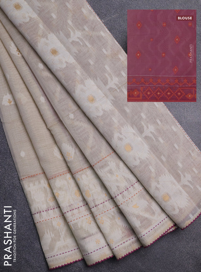 Chanderi silk cotton saree cream and purple with thread & zari woven buttas and jamdhani kantha stitch work border