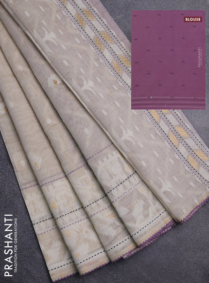 Chanderi silk cotton saree cream and lavender with thread & zari woven buttas and jamdhani kantha stitch work border