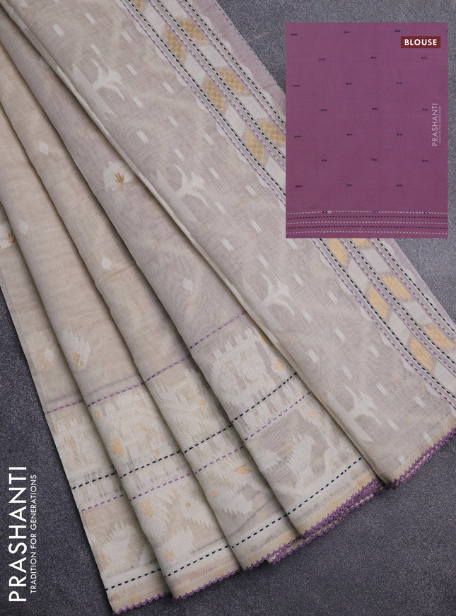 Chanderi silk cotton saree cream and lavender with thread & zari woven buttas and jamdhani kantha stitch work border